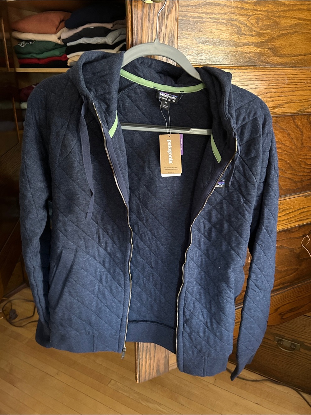 Patagonia Navy Quilted Hooded Zip-Up with Green Trim